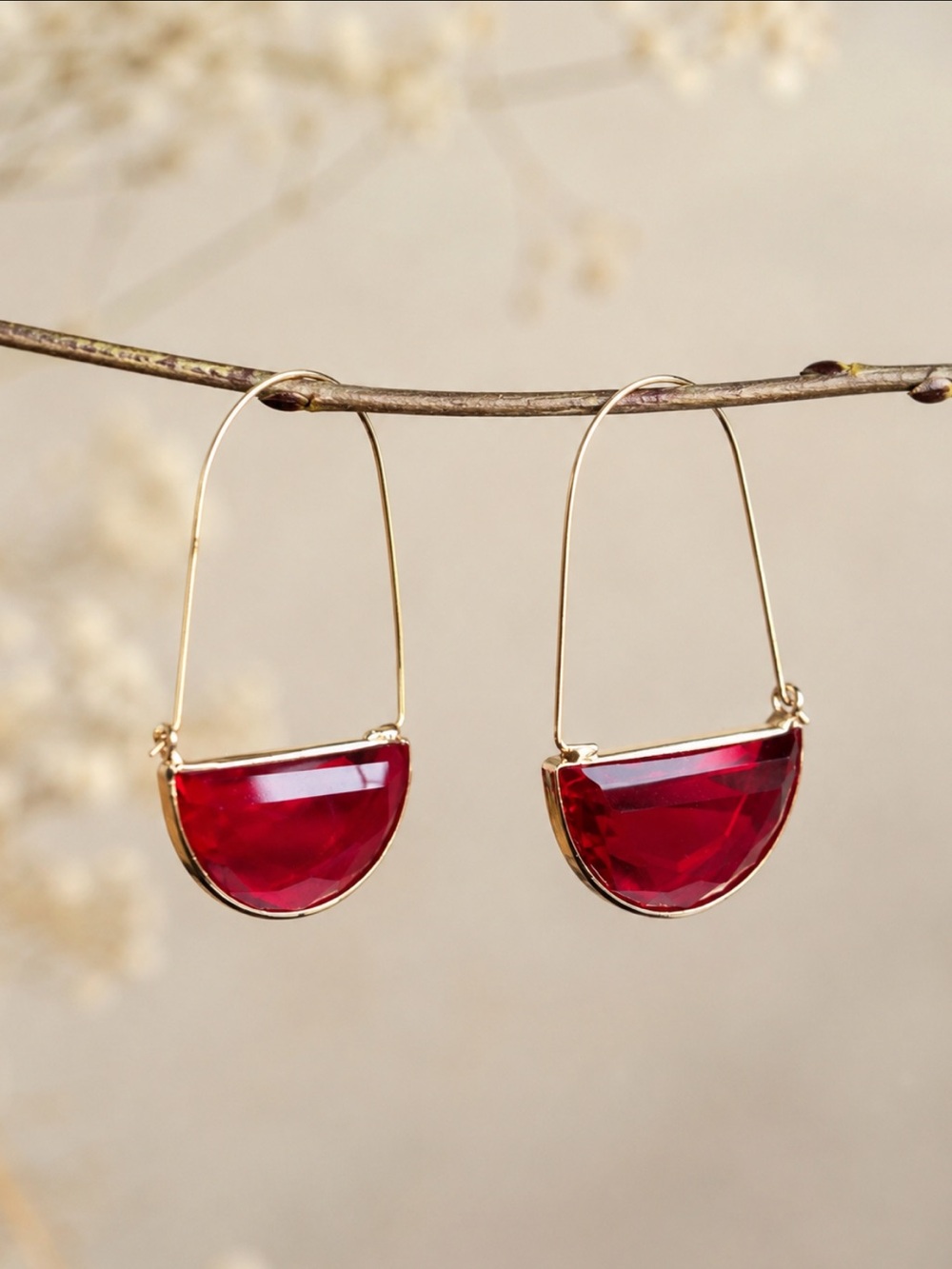 NEW! Gold Hoop Drop Earrings with Red Semi-Circle Gemstones B2-121